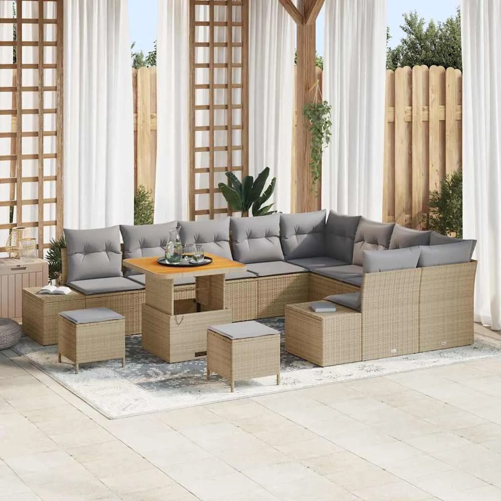vidaXL Σετ Καναπέ Κήπου με αποθήκευση 12 pcs Μπεζ Πολυ ράταν