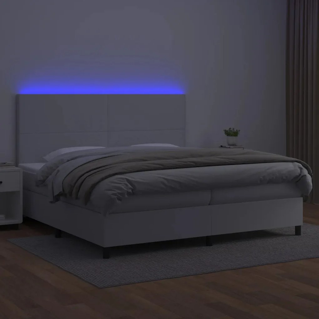 vidaXL Κρεβάτι Boxspring με Στρώμα & LED Λευκό 200x200 εκ. Συνθ. Δέρμα