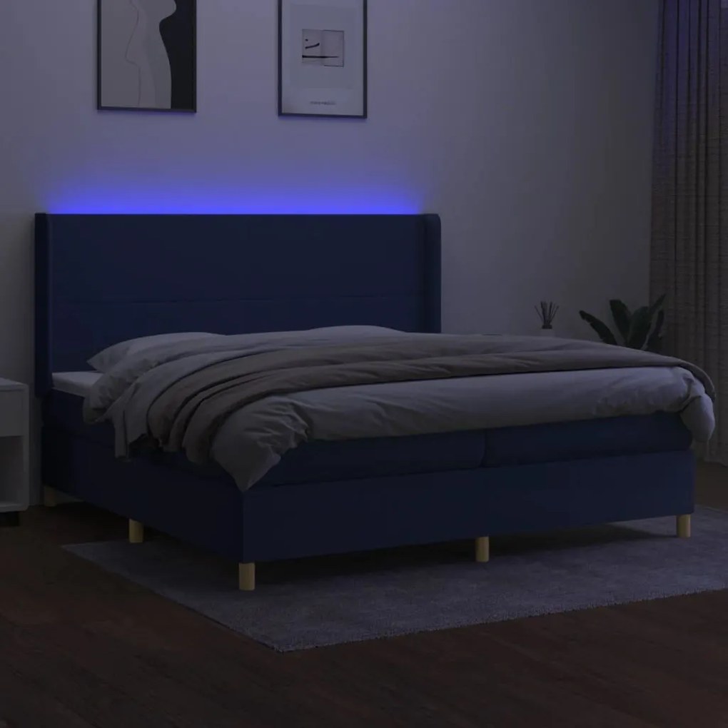 Κρεβάτι Boxspring με Στρώμα &amp; LED Μπλε 200x200 εκ. Υφασμάτινο - Μπλε