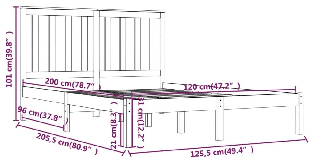 vidaXL Πλαίσιο Κρεβατιού 120 x 200 εκ. από Μασίφ Ξύλο Πεύκου