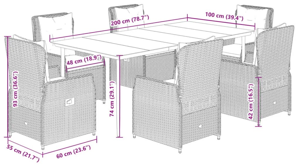 vidaXL Σετ Τραπεζαρίας Κήπου 7 Τεμ. Μαύρο Συνθετικό Ρατάν με Μαξιλάρια