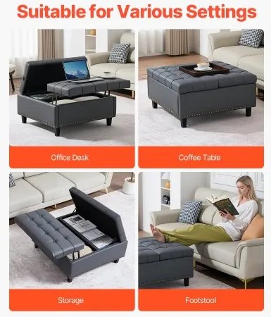 VEVOR 31 in Square Leather Ottoman with Storage Coffee Table for Living Room