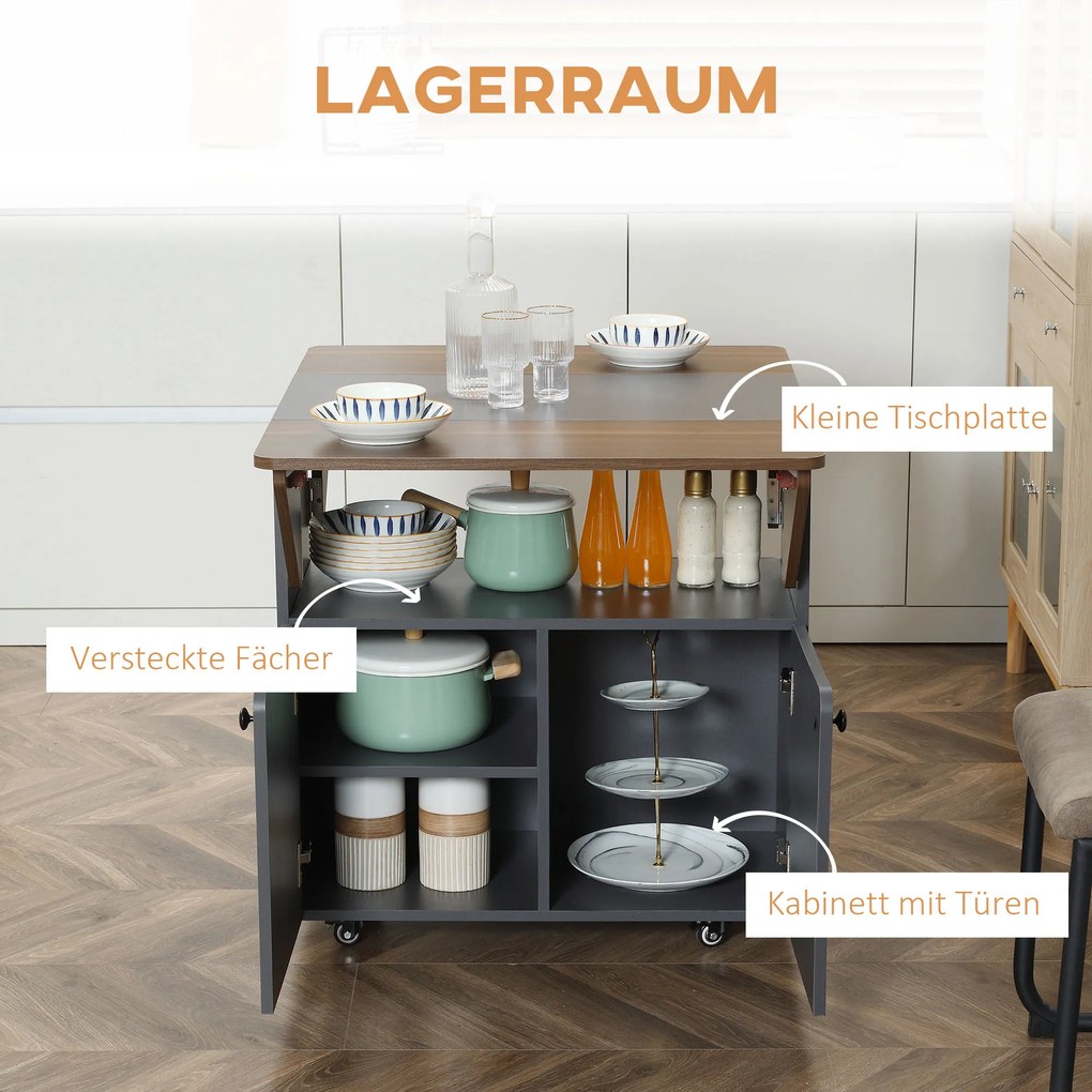 Πτυσσόμενο τραπέζι με ροδάκια, δύο πτυσσόμενες πλευρές τραπεζιού, ντουλάπι, 4 ροδάκια, Ανοιχτό Γκρι+Σκούρο Καφέ, 70 x 83 x 75cm