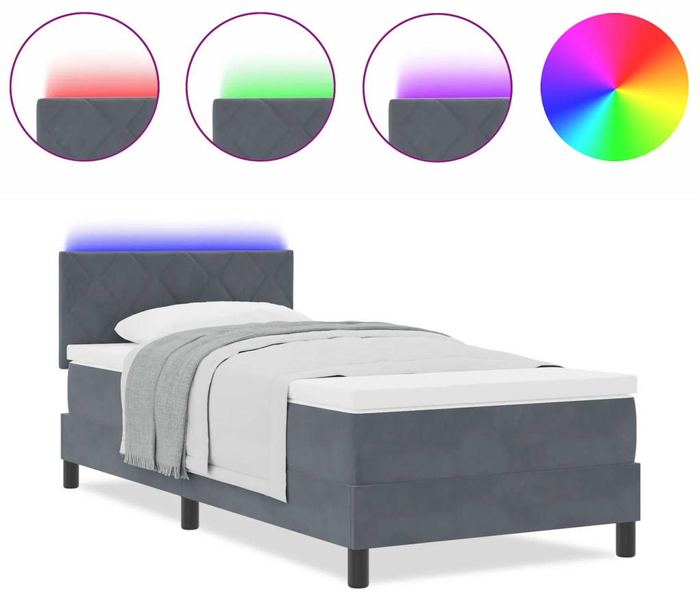 vidaXL Κρεβάτι Box Spring με Στρώμα & LED Σκούρο Γκρι 100x200 εκ. Βελούδινο