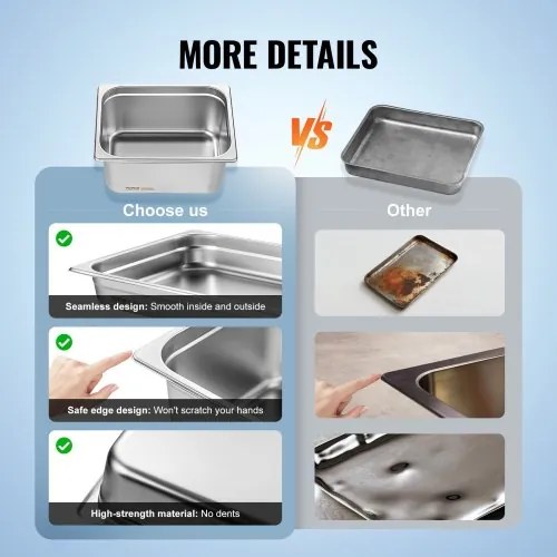 VEVOR 6 Pack 1/2 Size Hotel Pans Steam Table Pan Stainless Steel 6&quot; Deep