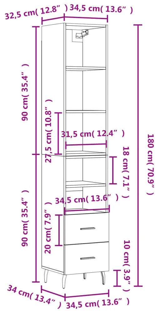 Μπουφές Sonoma δρυς 34,5 x 34 x 180 εκ. από Επεξεργασμένο Ξύλο - Καφέ