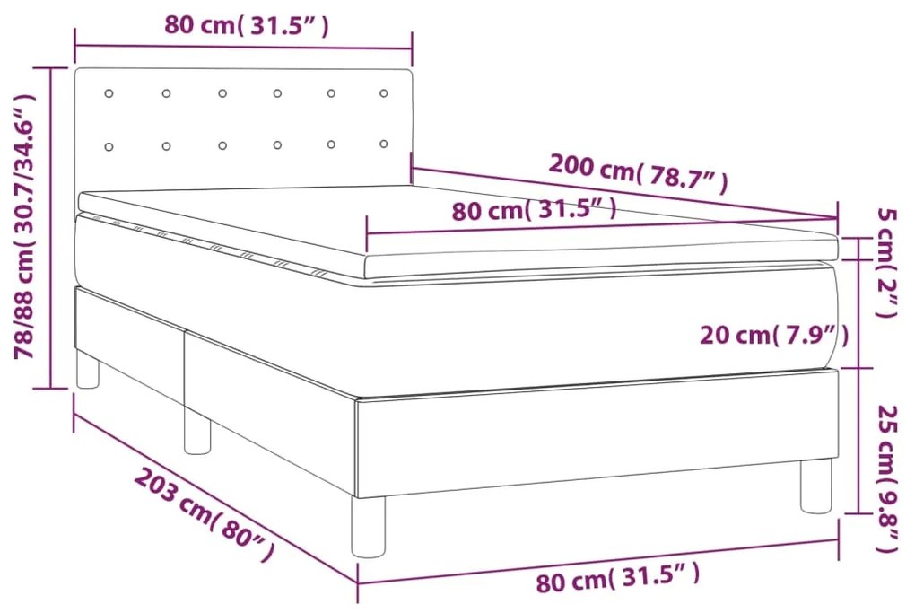 Κρεβάτι Boxspring με Στρώμα &amp; LED Αν.Γκρι 80x200 εκ. Υφασμάτινο - Γκρι