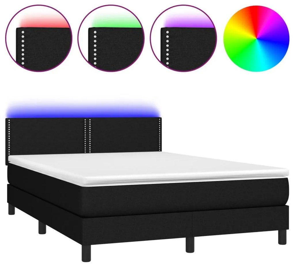 Κρεβάτι Boxspring με Στρώμα &amp; LED Μαύρο 140x190 εκ. Υφασμάτινο - Μαύρο