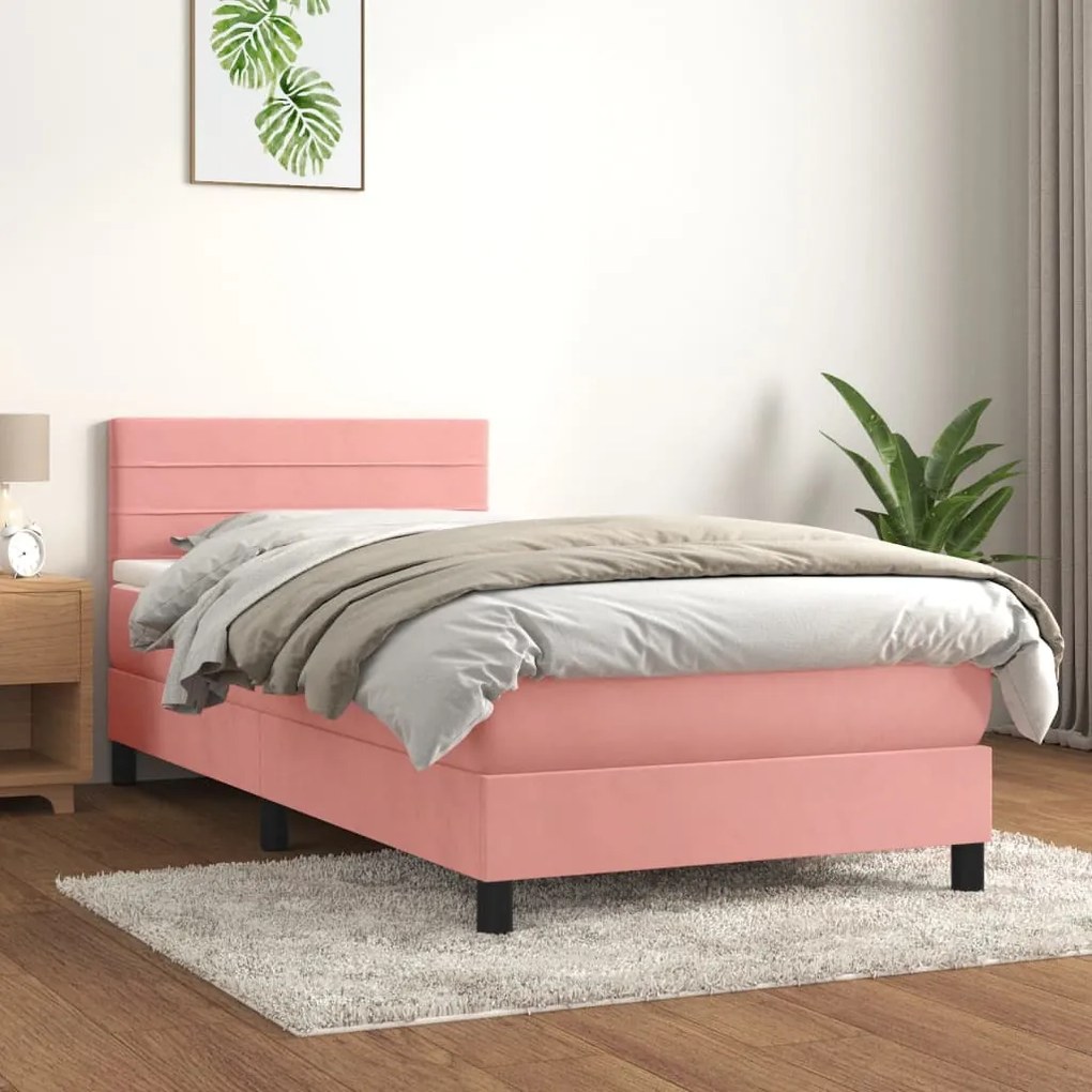 Κρεβάτι Boxspring με Στρώμα Ροζ 90x190 εκ. Βελούδινο