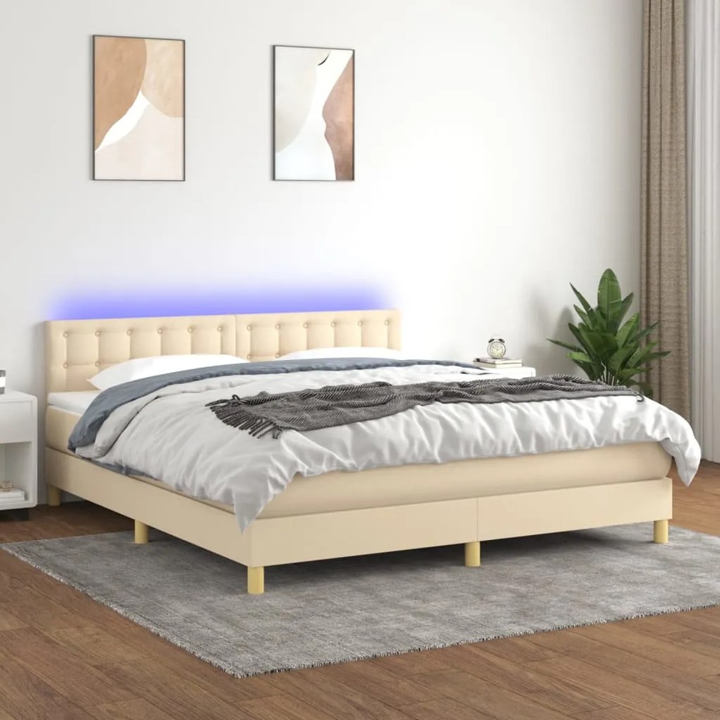 Κρεβάτι Boxspring με Στρώμα &amp; LED Κρεμ 180x200 εκ. Υφασμάτινο