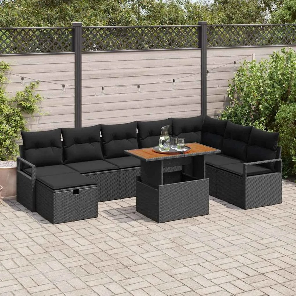 vidaXL Σετ Καναπέ Κήπου με μαξιλάρι 9 pcs Μαύρο Πολυ ράταν