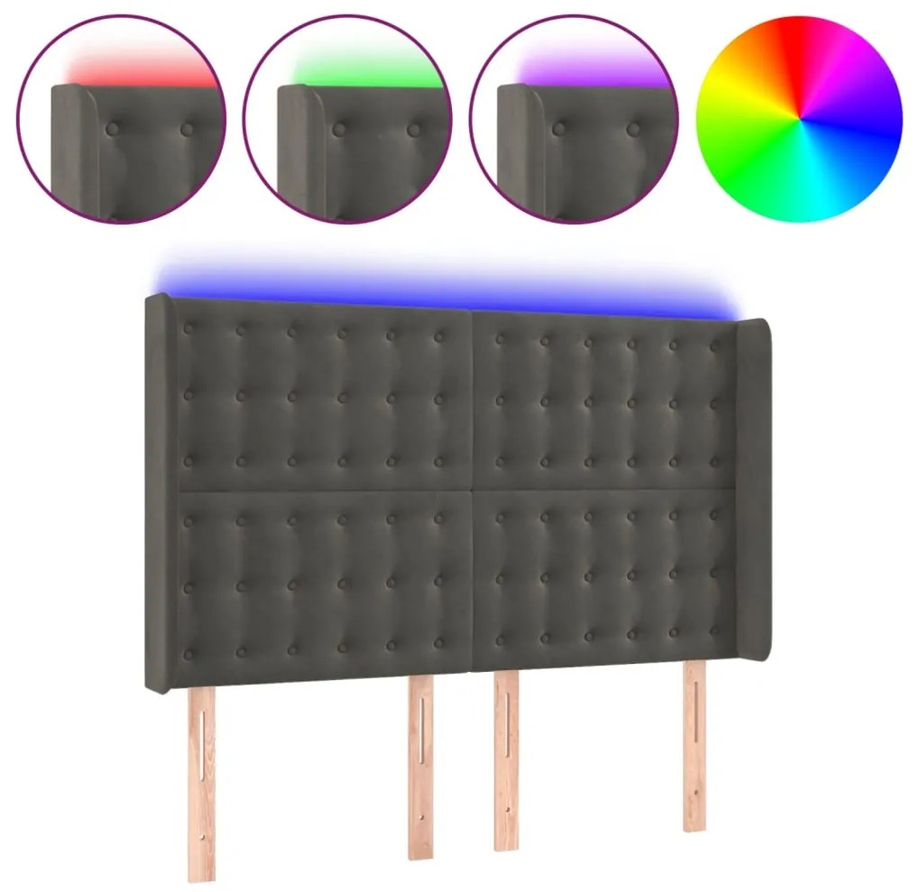 vidaXL Κεφαλάρι Κρεβατιού LED Σκούρο Γκρι 147x16x118/128εκ. Βελούδινο