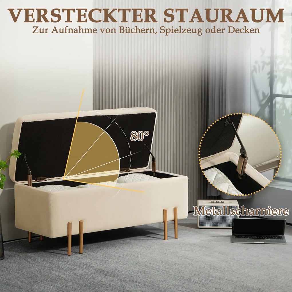 HOMCOM Τραπεζάκι-Κουτί Αποθήκευσης, Σκαμπό-Κουτί, αφρός, μέταλλο, ξύλο καουτσούκ, 100 x 40 x 42 cm, Μπεζ