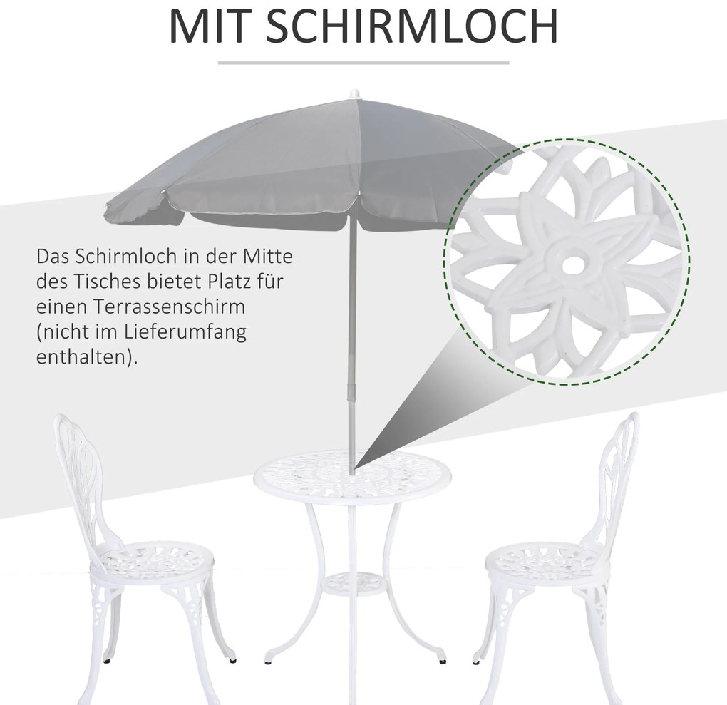 Outsunny Σετ επίπλων για 2 άτομα, σετ τραπεζαρίας κήπου, 1 τραπέζι + 2 καρέκλες με οπή ομπρέλας, αλουμίνιο, λευκό