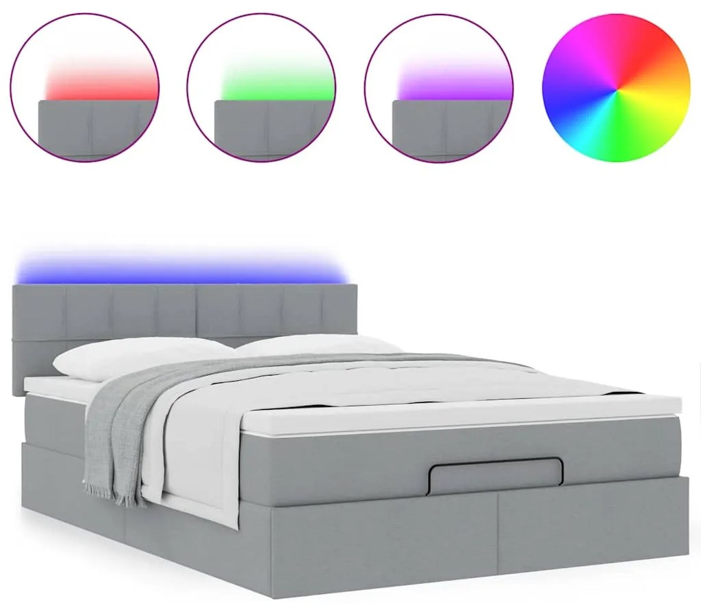 vidaXL Οθωμανικό κρεβάτι με στρώμα & LEDs Ανοιχτό γκρι ύφασμα