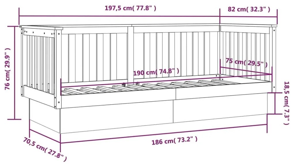 Κρεβάτι ημέρας χωρίς στρώμα Λευκό 75x190 cm Στερεό ξύλο πεύκο - Λευκό