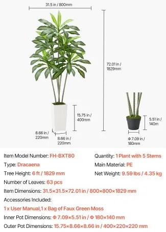 VEVOR 1829 mm Artificial Dracaena Tree Fake Plant with White Planter Indoor