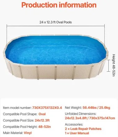 VEVOR Oval Pool Liner 24 x 12.3ft Overlap Style Pool Liner 52in Wall Height