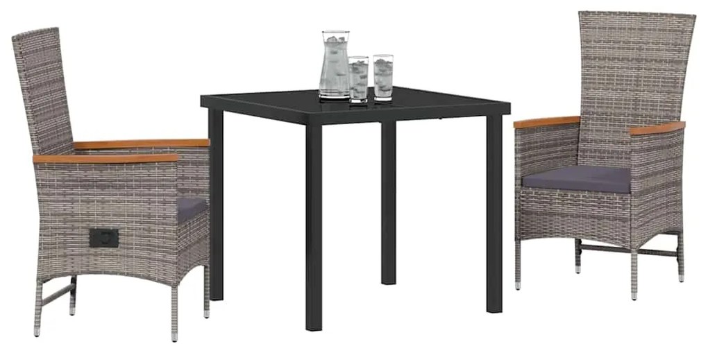 vidaXL Σέτ φαγητού για κήπο με μαξιλάρι 3 pcs Γκρι Πολυ ράταν