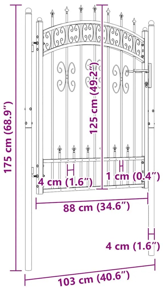 vidaXL Πόρτα Περίφραξης με Κορυφή Δόρυ Μαύρη 103x125 εκ. από Ατσάλι με Ηλεκτροστατική Βαφή