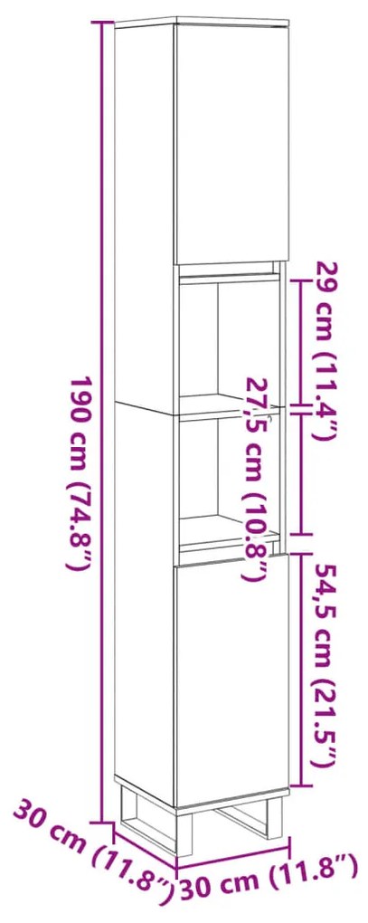 Ντουλάπι μπάνιου Παλιό ξύλο 30x30x190 cm Κατασκευασμένο ξύλο - Καφέ