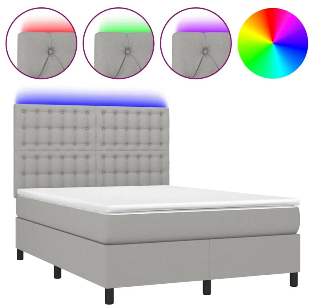 vidaXL Κρεβάτι Boxspring με Στρώμα & LED Αν.Γκρι 140x190εκ. Υφασμάτινο