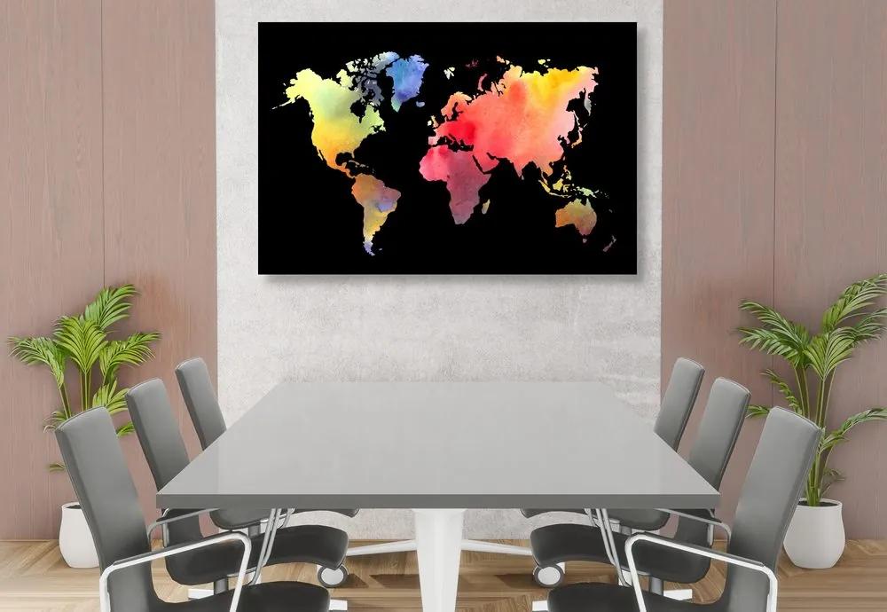 Εικόνα σε παγκόσμιο χάρτη από φελλό σε σχέδιο ακουαρέλας σε μαύρο φόντο - 120x80  arrow