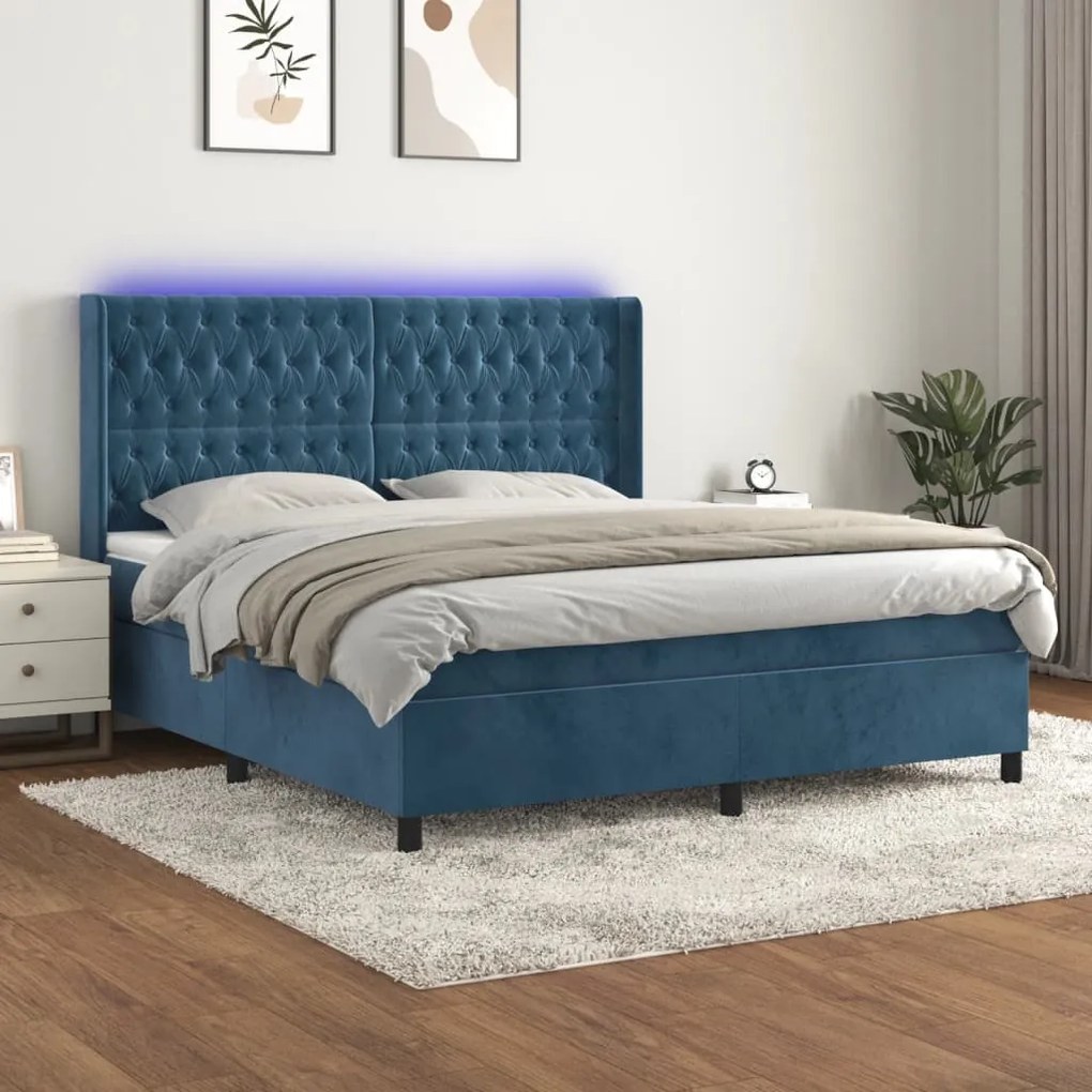 Κρεβάτι Boxspring με Στρώμα &amp; LED Σκ. Μπλε 180x200εκ. Βελούδινο