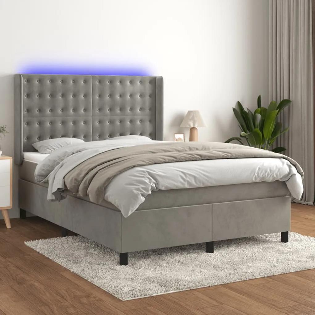 vidaXL Κρεβάτι Boxspring με Στρώμα&LED Αν. Γκρι 140x190 εκ. Βελούδινο