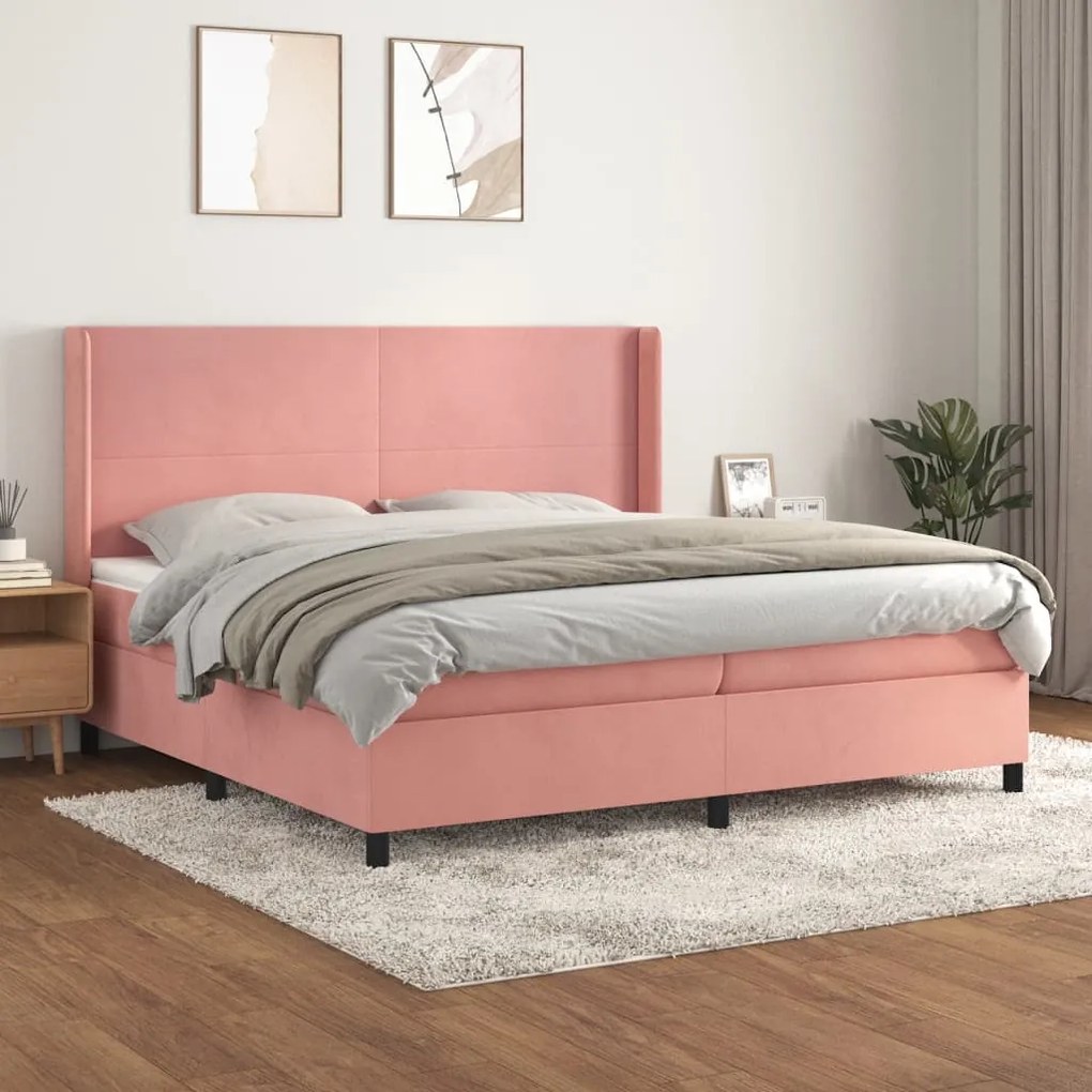 Κρεβάτι Boxspring με Στρώμα Ροζ 200x200 εκ. Βελούδινο - Ροζ