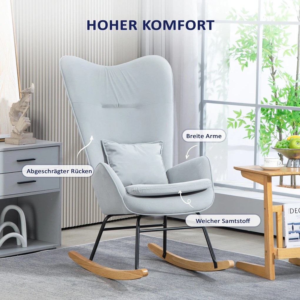 HOMCOM Καρέκλα Κουνιστή, Μαλακή Βελούδινη Επένδυση, με Μαξιλάρι Οσφυϊκής Μοίρας, Φορτίο έως 120 kg, 67 x 85 x 112 cm, Ανοιχτό Γκρι