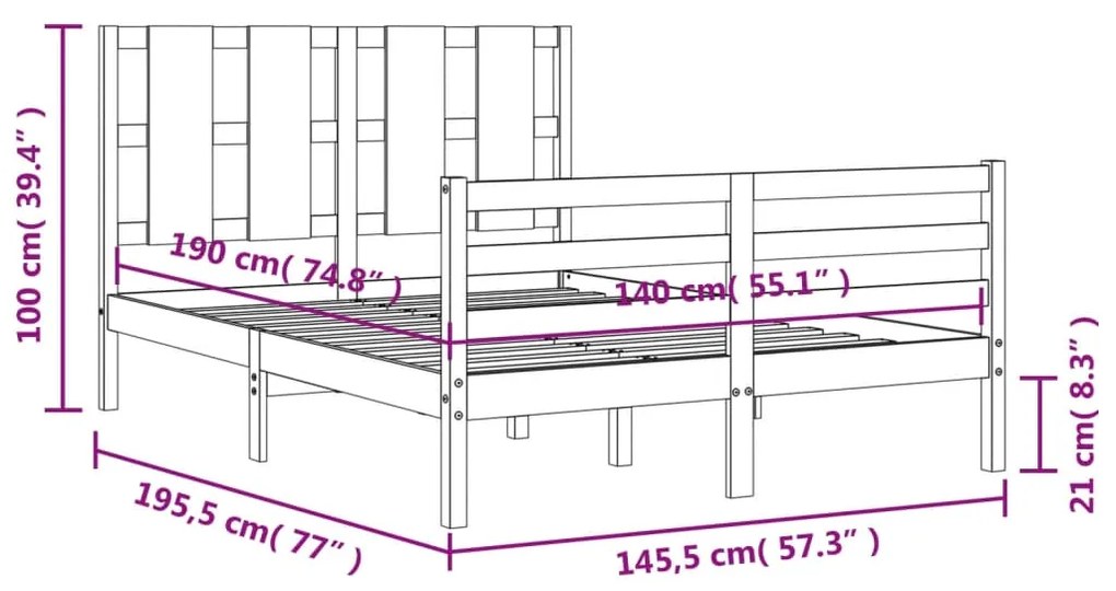 Πλαίσιο Κρεβατιού με Κεφαλάρι Γκρι 140 x 190 εκ. από Μασίφ Ξύλο - Γκρι