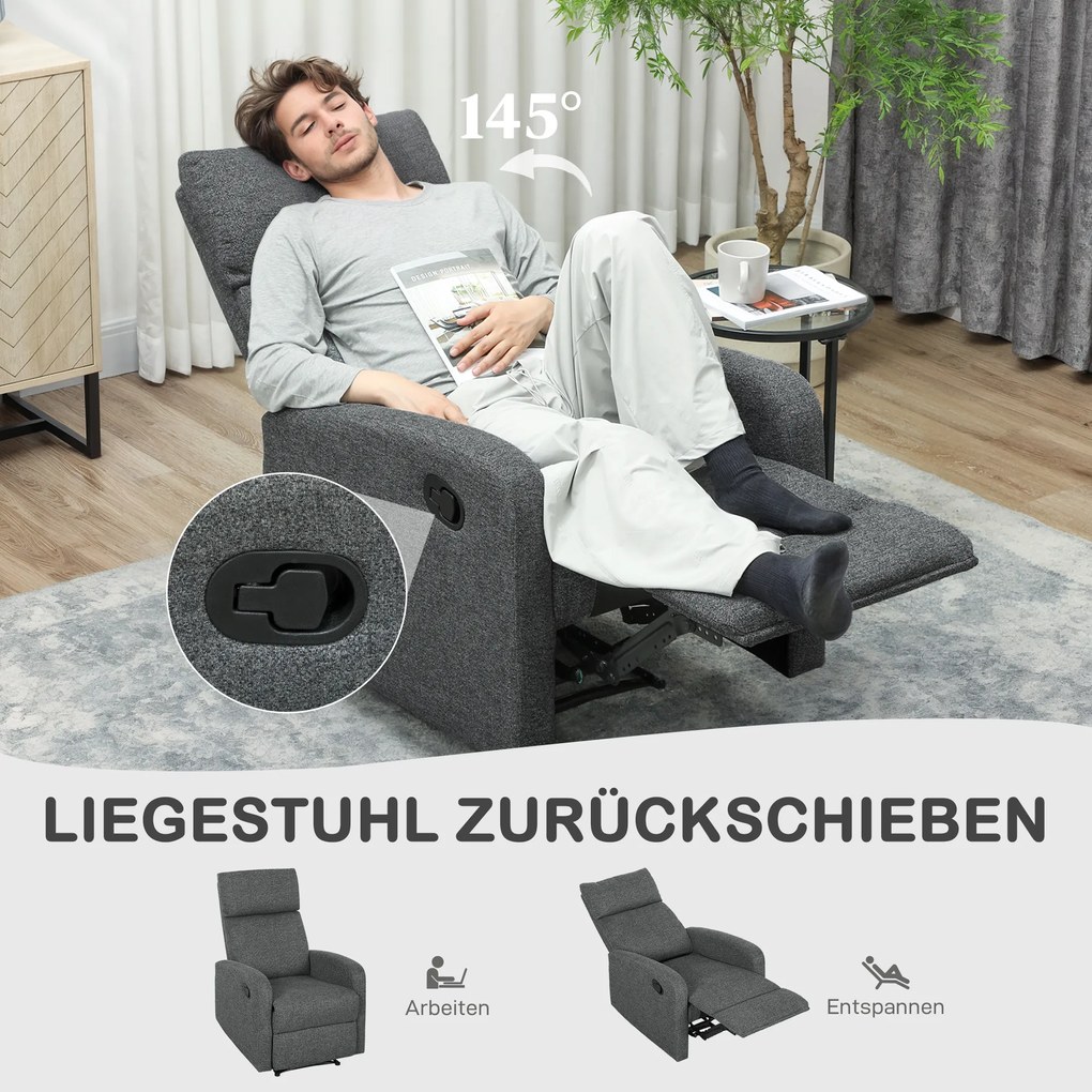 HOMCOM Πολυθρόνα relax, ρυθμιζόμενη πολυθρόνα με προσαρμόσιμο υποπόδιο, μοντέρνα πολυθρόνα σαλονιού με υφασμάτινη επένδυση, γκρι