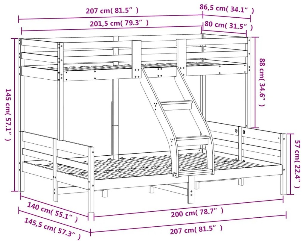 Κουκέτα 80x200/140x200 εκ. Λευκό από Μασίφ Ξύλο Πεύκου - Λευκό