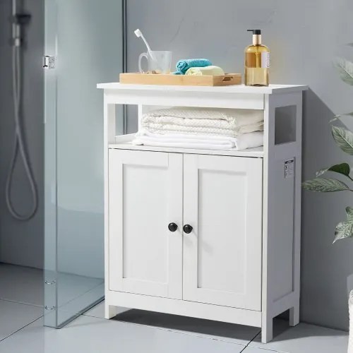VEVOR Wooden Bathroom Floor Cabinet Storage 3-Tier with Adjustable Shelf White