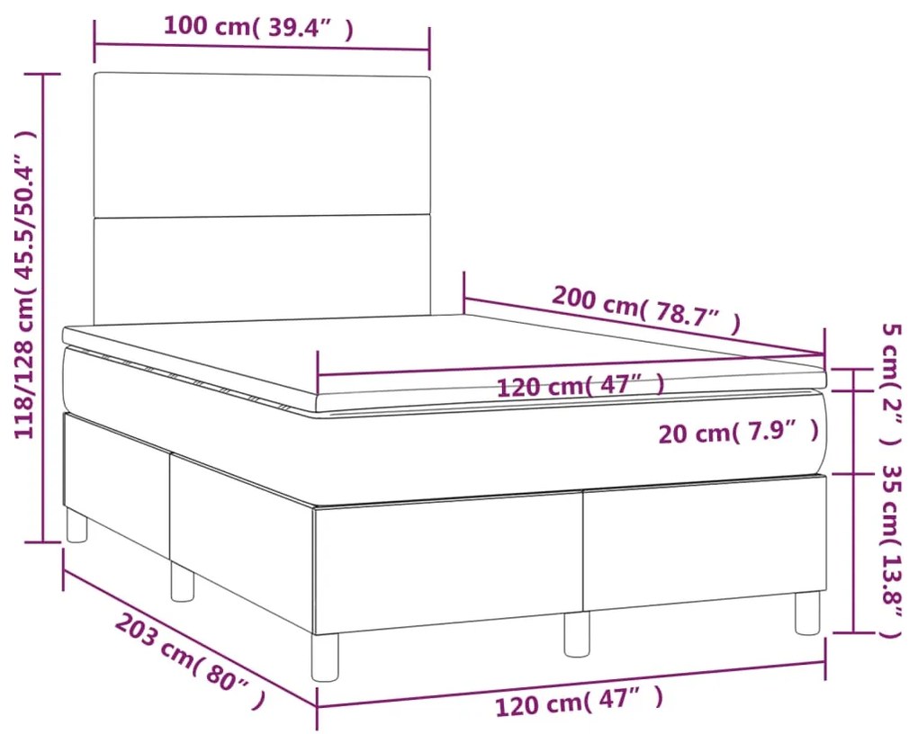 Κρεβάτι Boxspring με Στρώμα &amp; LED Σκ. Γκρι 120x200εκ. Βελούδινο - Γκρι