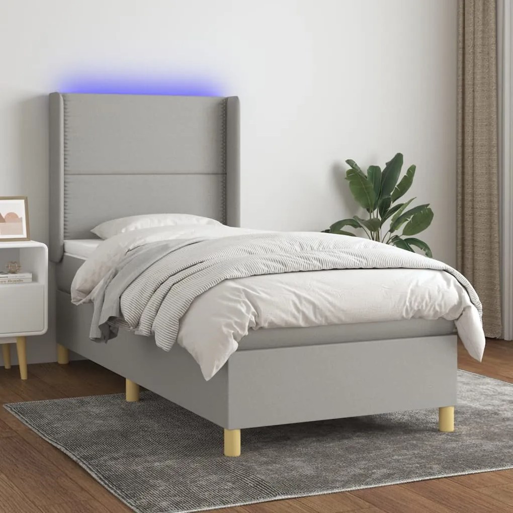 Κρεβάτι Boxspring με Στρώμα &amp; LED Αν.Γκρι 90x200 εκ. Υφασμάτινο