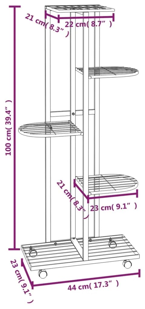 Βάση Λουλουδιών 5 Επιπέδων με Ρόδες 83x25x103,5 εκ Μαύρη Σίδερο - Μαύρο