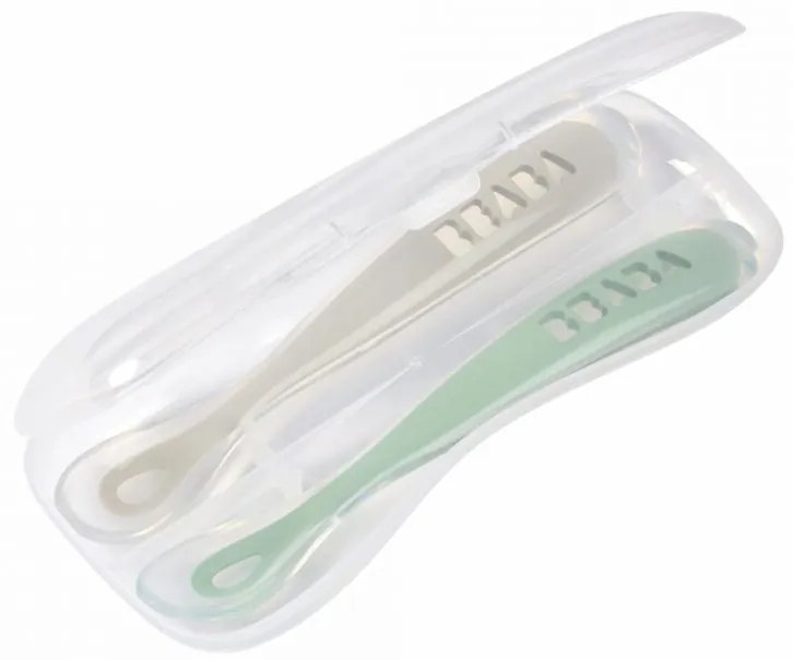 Κουτάλια σιλικόνης 1st stage (2 τεμ) με κουτί μεταφοράς Grey/Sage Green Béaba