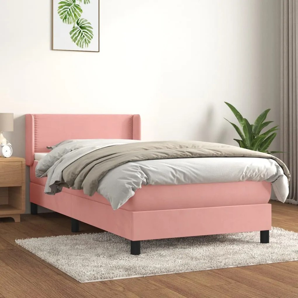 Κρεβάτι Boxspring με Στρώμα Ροζ 100x200 εκ. Βελούδινο - Ροζ