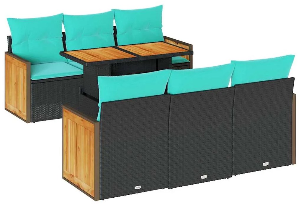 vidaXL Καναπές Σετ 7Τεμαχίων Μαύρο Συνθετικό Ρατάν με Μαξιλάρια Ακακία