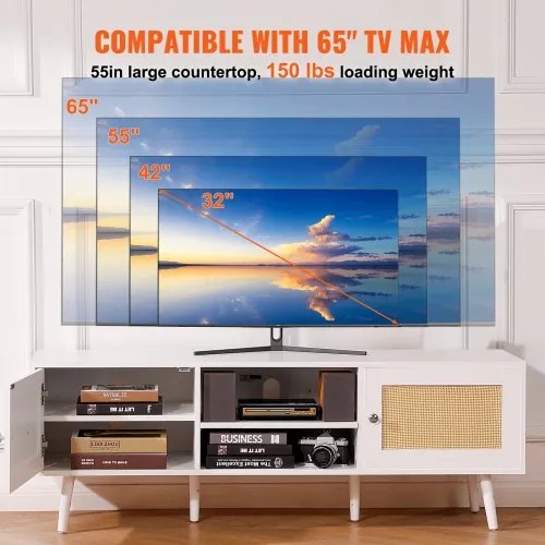 VEVOR Rattan TV Stand for 65&quot; TV Boho TV Stand with Build-in Socket White