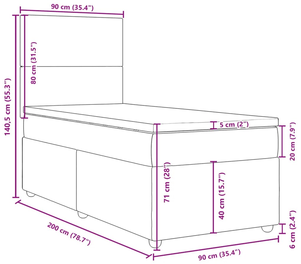 Κρεβάτι Boxspring με Στρώμα Σκούρο Γκρι 90x200 εκ. Υφασμάτινο - Γκρι