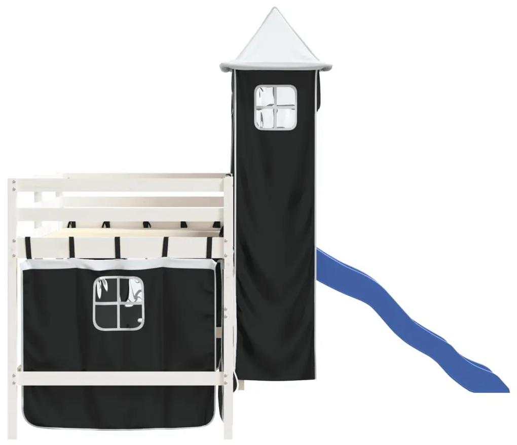 Υπερυψωμένο Κρεβάτι με Πύργο Λευκό/Μαύρο 90x190 εκ. Μασίφ Πεύκο - Μαύρο
