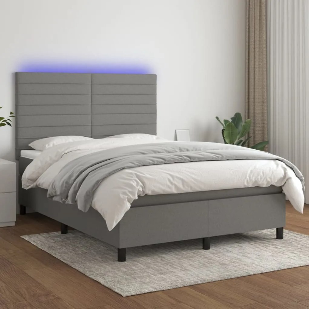 vidaXL Κρεβάτι Boxspring με Στρώμα &amp; LED Σκ.Γκρι 140x190εκ. Υφασμάτινο