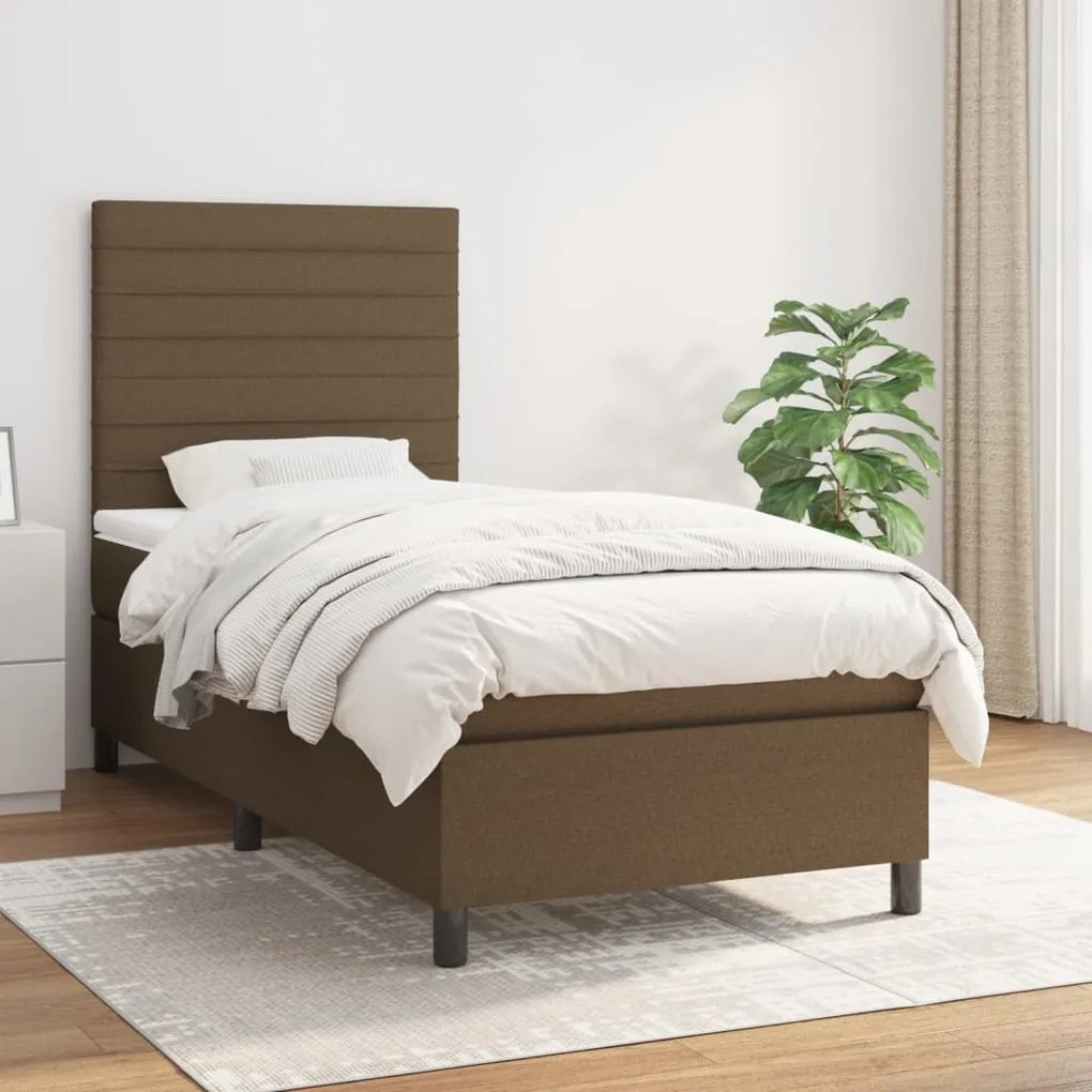 Κρεβάτι Boxspring με Στρώμα Σκούρο Καφέ 90x200 εκ. Υφασμάτινο