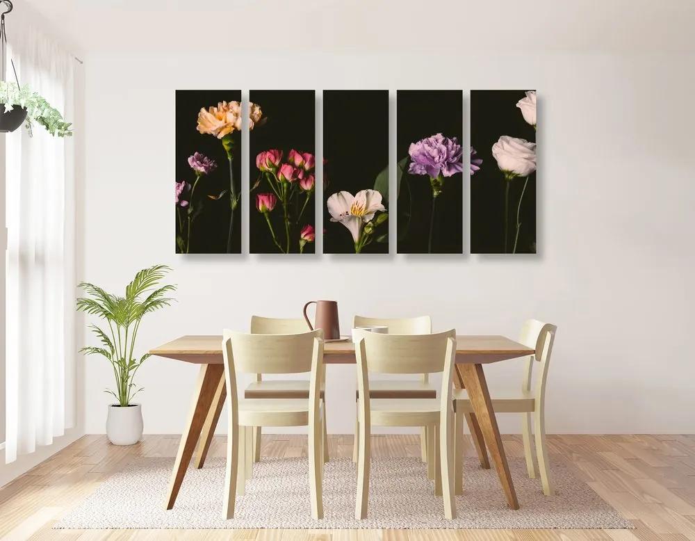 Εικόνα 5 μερών κομψά λουλούδια σε σκούρο φόντο - 100x50