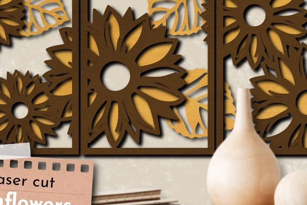 Intra απο ξύλο plywood 3mm-4mm πάχος – Sunflowers Διακόσμηση Τοίχου Σετ 3 τεμαχίων, με στρώσεις Δίασταση  40x30 cm INTRAFABR-68584907