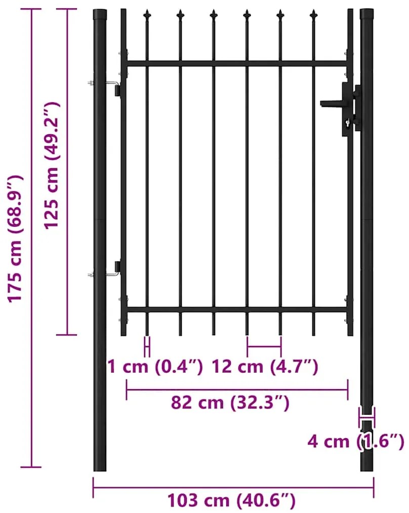 vidaXL Καγκελόπορτα Μονή με Ακίδες Μαύρη 1 x 1,2 μ. Ατσάλινη