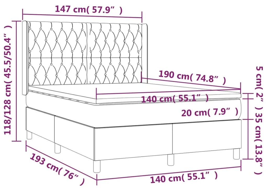 Κρεβάτι Boxspring με Στρώμα Σκούρο Γκρι 140x190 εκ. Βελούδινο - Γκρι